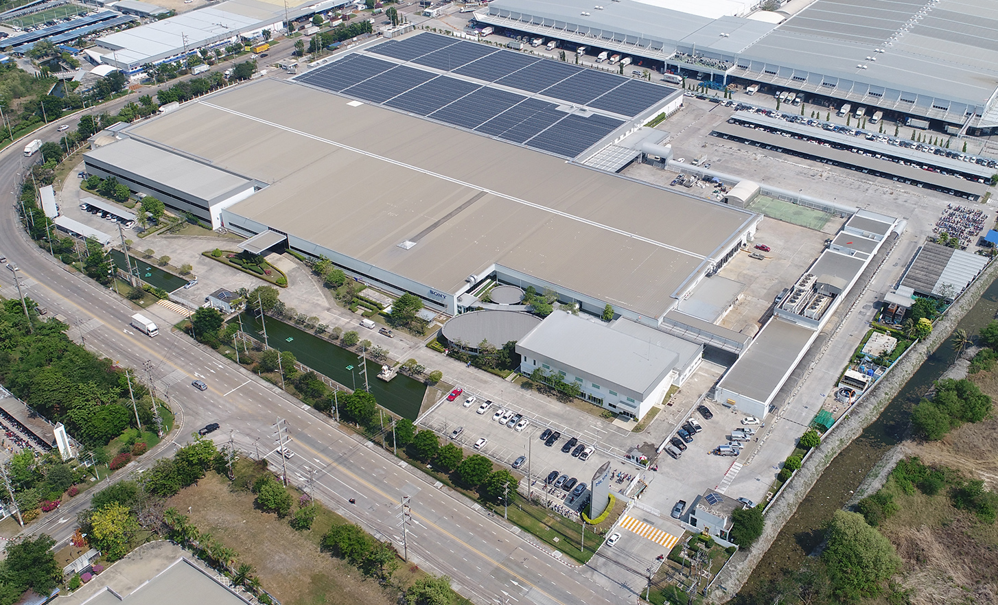 Aerial shot of Sony production plant with solar panels