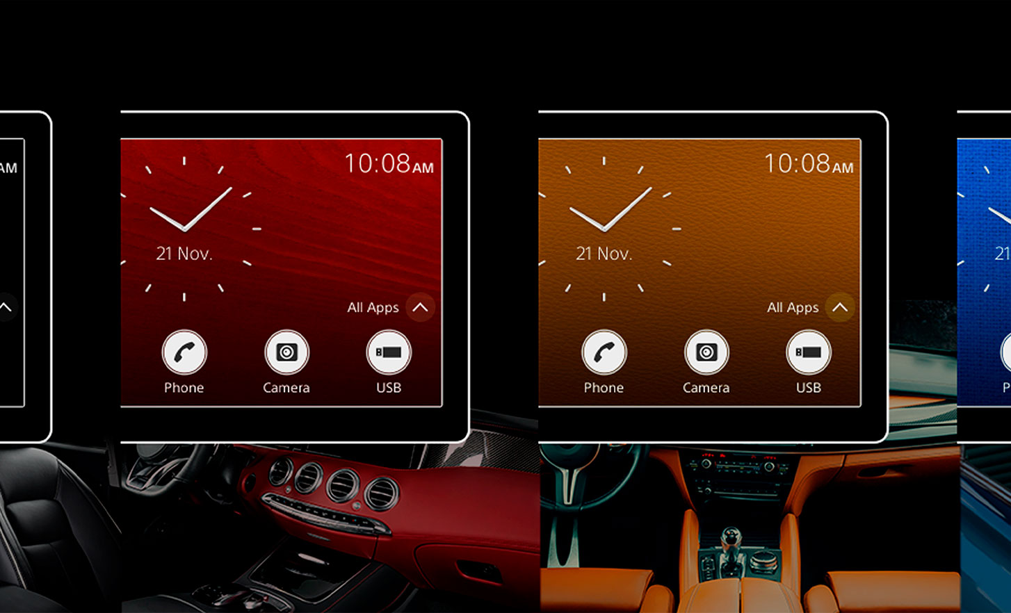 A selection of four clock displays on the XAV-AX3700 digital multimedia receiver, in black, red, orange and blue.