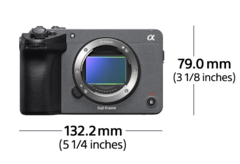 Camera front view with dimension Width 132.2 mm (5 1/4 inches) and Height 79.0 mm (3 1/8 inches)