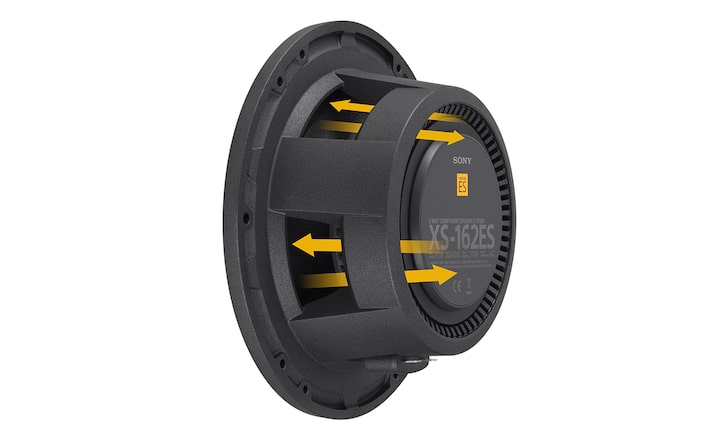 Image of XS-162ES 6.5" speaker from reverse showing air flow used by cooling system