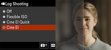 Product image on the left side with the UI screen for setting Log shooting mode, and an example image on the right side of a woman’s face