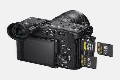 Product image of the FX2 showing its memory card slots and corresponding memory cards
