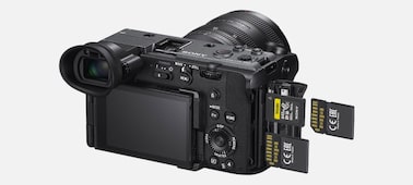 Product image of the FX2 showing its memory card slots and corresponding memory cards