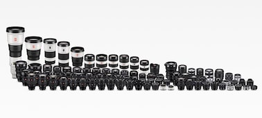 Product image showing a lineup of E-mount lenses from Sony