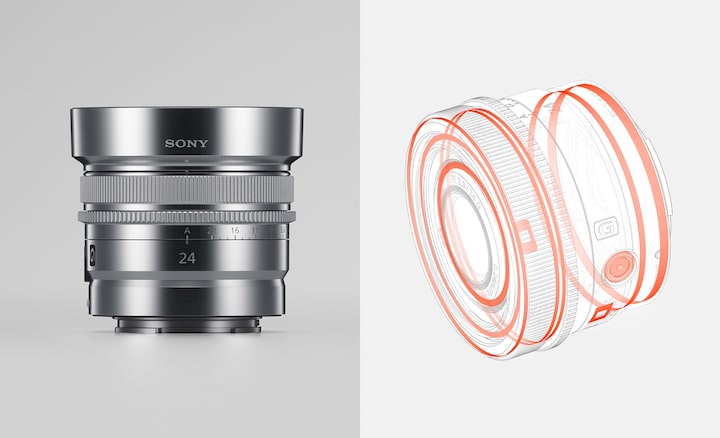 Combined product image illustrating dust- and moisture-resistant construction, and metal exterior finish, of lens