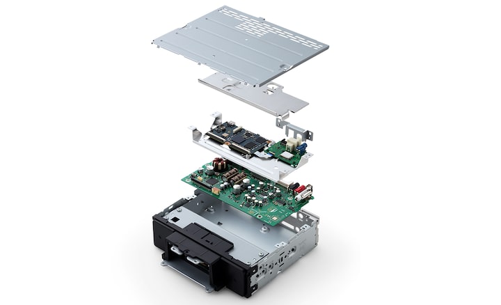 The 10.1" (25.7cm) Mobile ES™ High-Resolution Digital Media Receiver seen from the side, with all of the components positioned in layers.