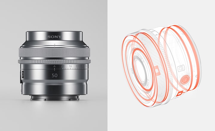 Combined product image illustrating dust- and moisture-resistant construction, and metal exterior finish, of lens