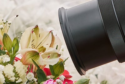 Usage image showing front of the lens just a few centimetres from a still-life subject