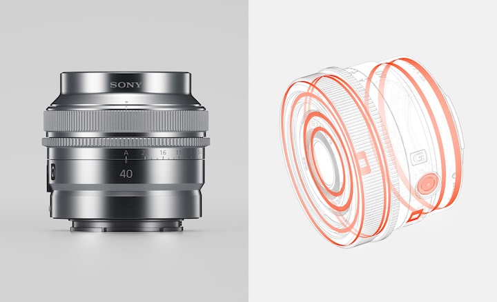 Combined product image illustrating dust- and moisture-resistant construction, and metal exterior finish, of lens