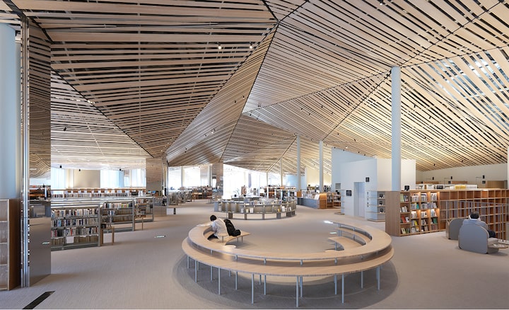 Image of the interior space of a large library with an elaborate design using many straight wood planks on the ceiling, with resolution to every corner of the screen