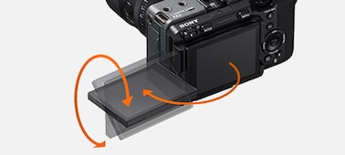 Product image showing degrees of movement possible with the vari-angle LCD monitor